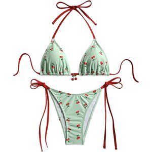 Women's Cherry Print Bikini Set Halter Triangle Side Tie Bathing Suit